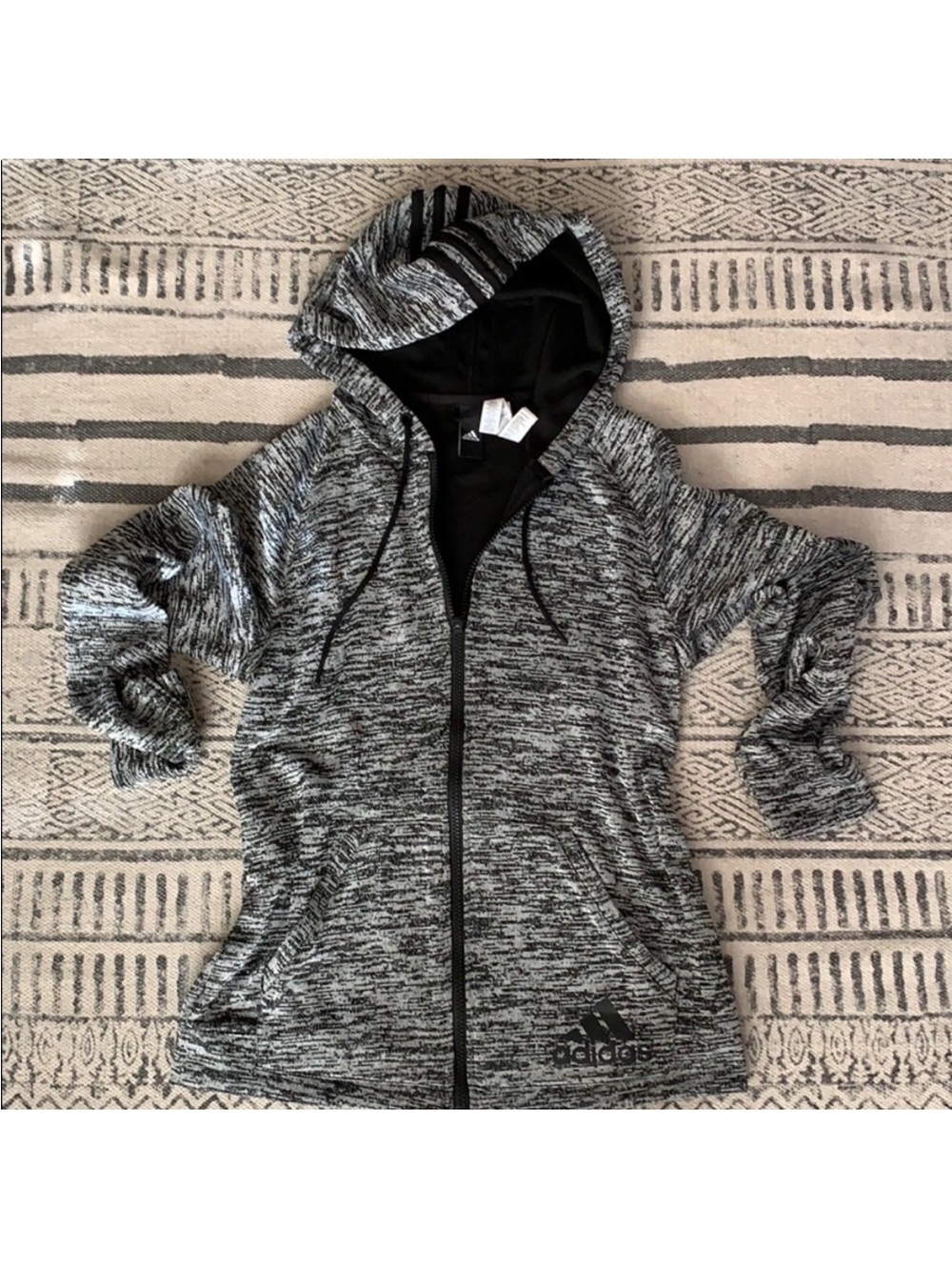 adidas Full-Zip Hoodie Jacket Pockets Marbled Black Grey EUC